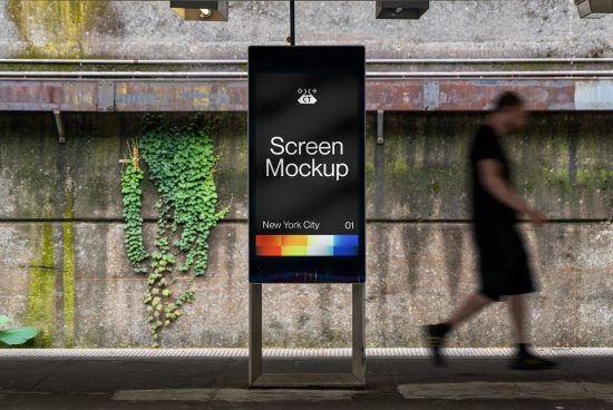 Urban digital screen mockup template on a sidewalk for outdoor advertising design presentation, with walking pedestrian blur.